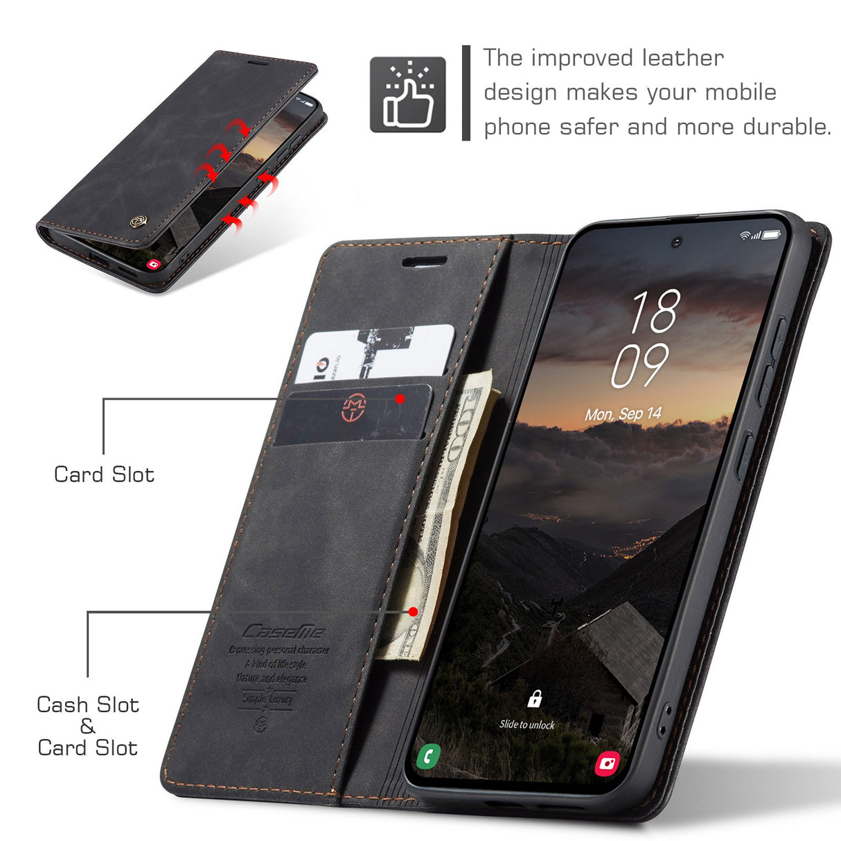 Samsung Galaxy S26 CASEME Konstläder Fodral m. Stativfunktion & Korthållare - Svart