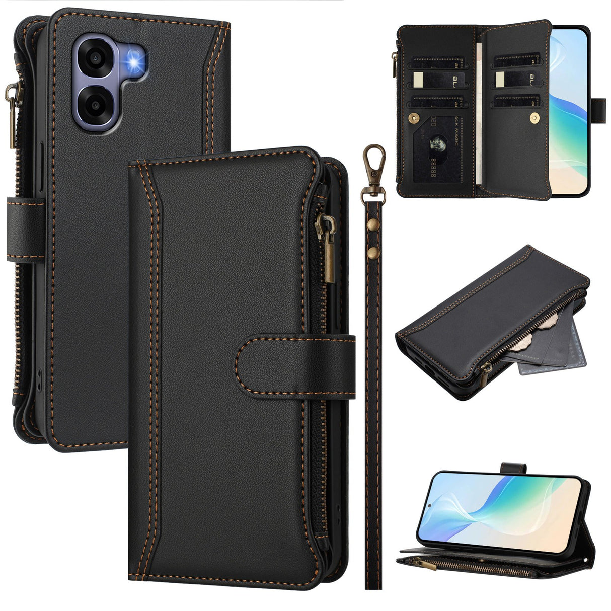 OPPO A6x EIDERWOOD Konstläder Fodral med 9 Korthållare & Dragkedja - Svart