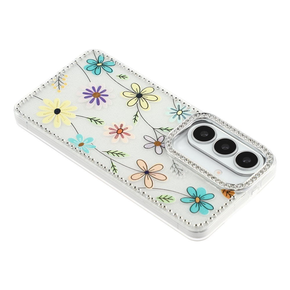Samsung Galaxy S26 EIDERWOOD Hybridskal med Strass & Blommönster - Vit / Flerfärgade Blommor