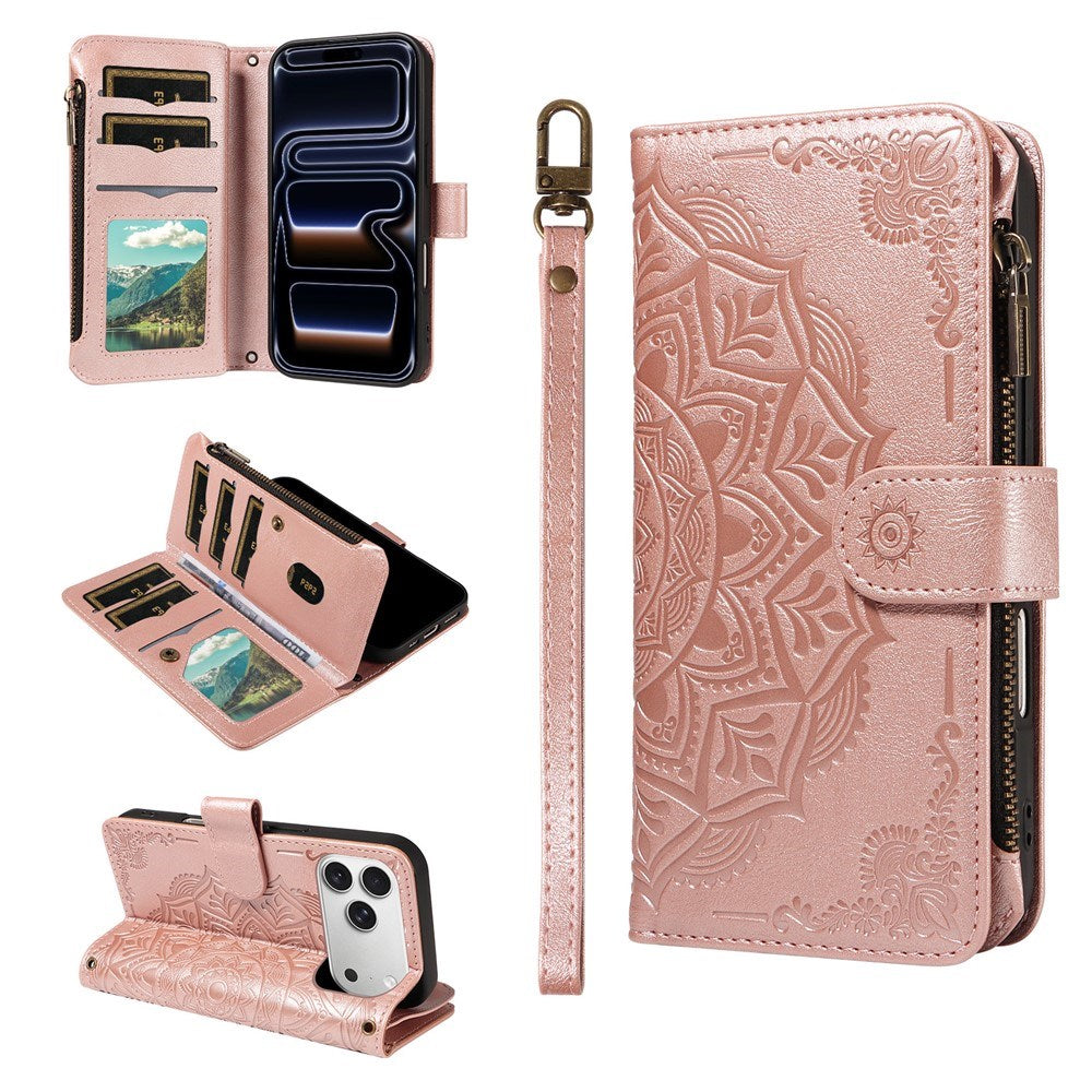 iPhone 17 Pro EIDERWOOD Fodral med 9 Korthållare - Blixtlåsficka - RFDI-Blockering - Rem - Rose Gold