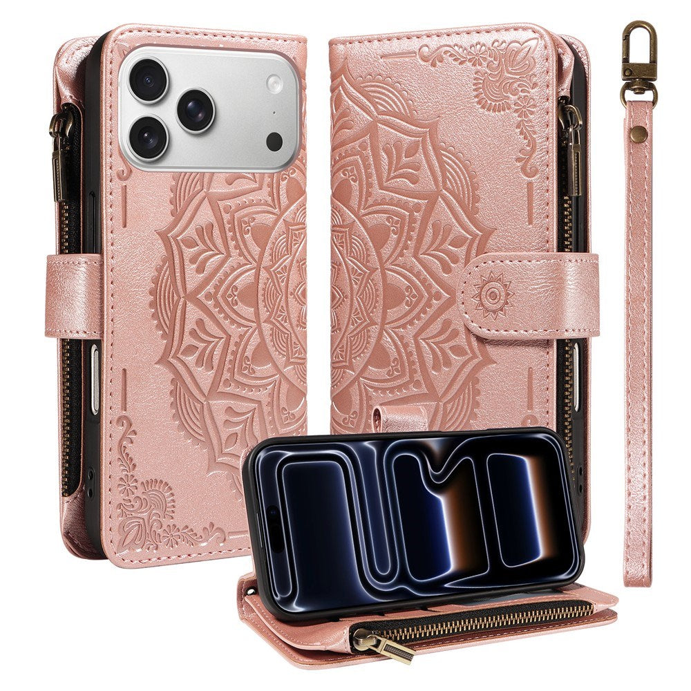 iPhone 17 Pro EIDERWOOD Fodral med 9 Korthållare - Blixtlåsficka - RFDI-Blockering - Rem - Rose Gold