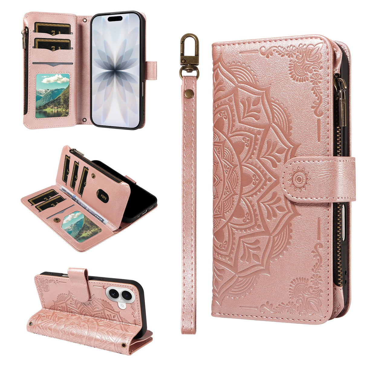 iPhone 17 EIDERWOOD Fodral med 9 Korthållare - Blixtlåsficka - RFDI-Blockering - Rem - Rose Gold