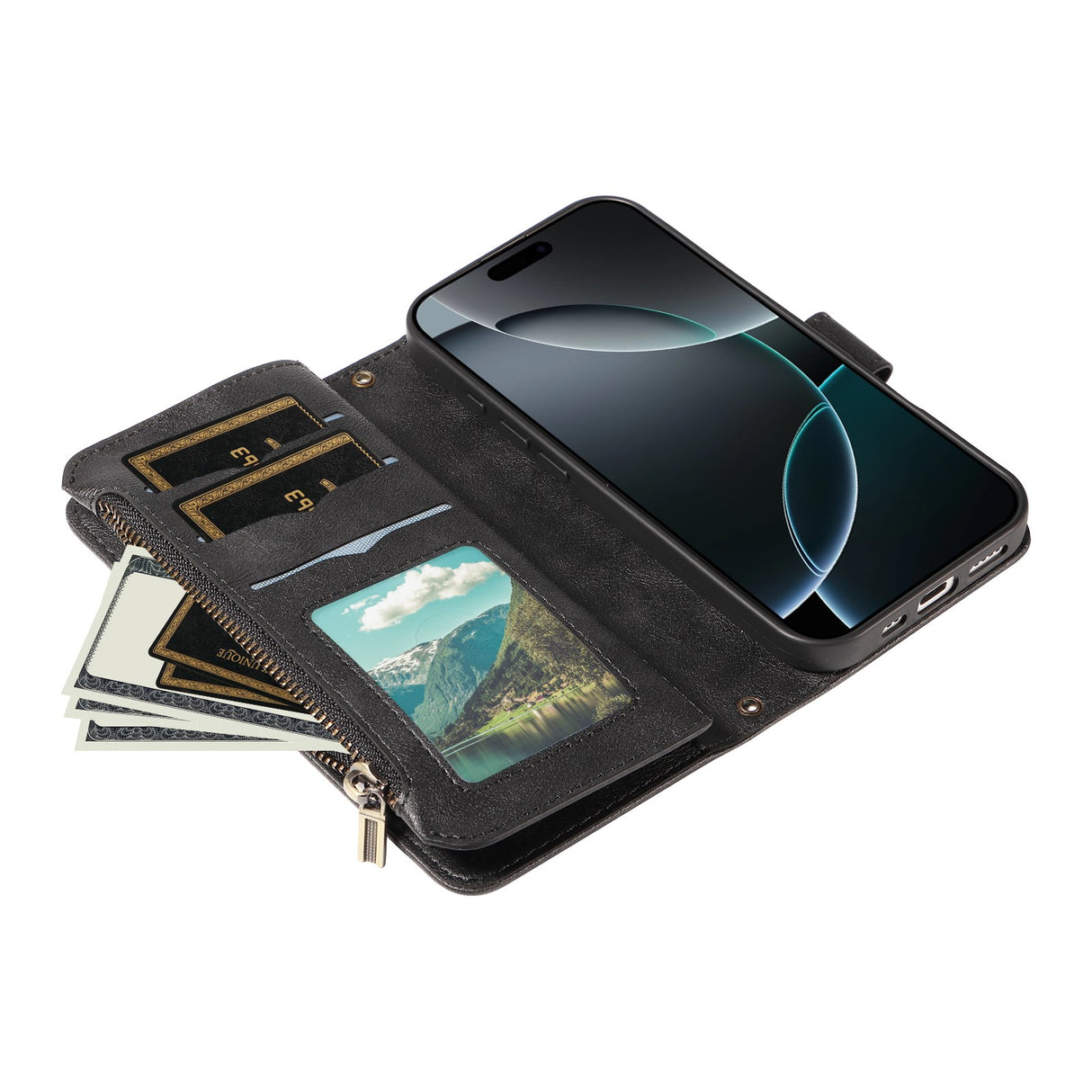 iPhone 17 EIDERWOOD Fodral med 9 Korthållare - Blixtlåsficka - RFDI-Blockering - Rem - Svart
