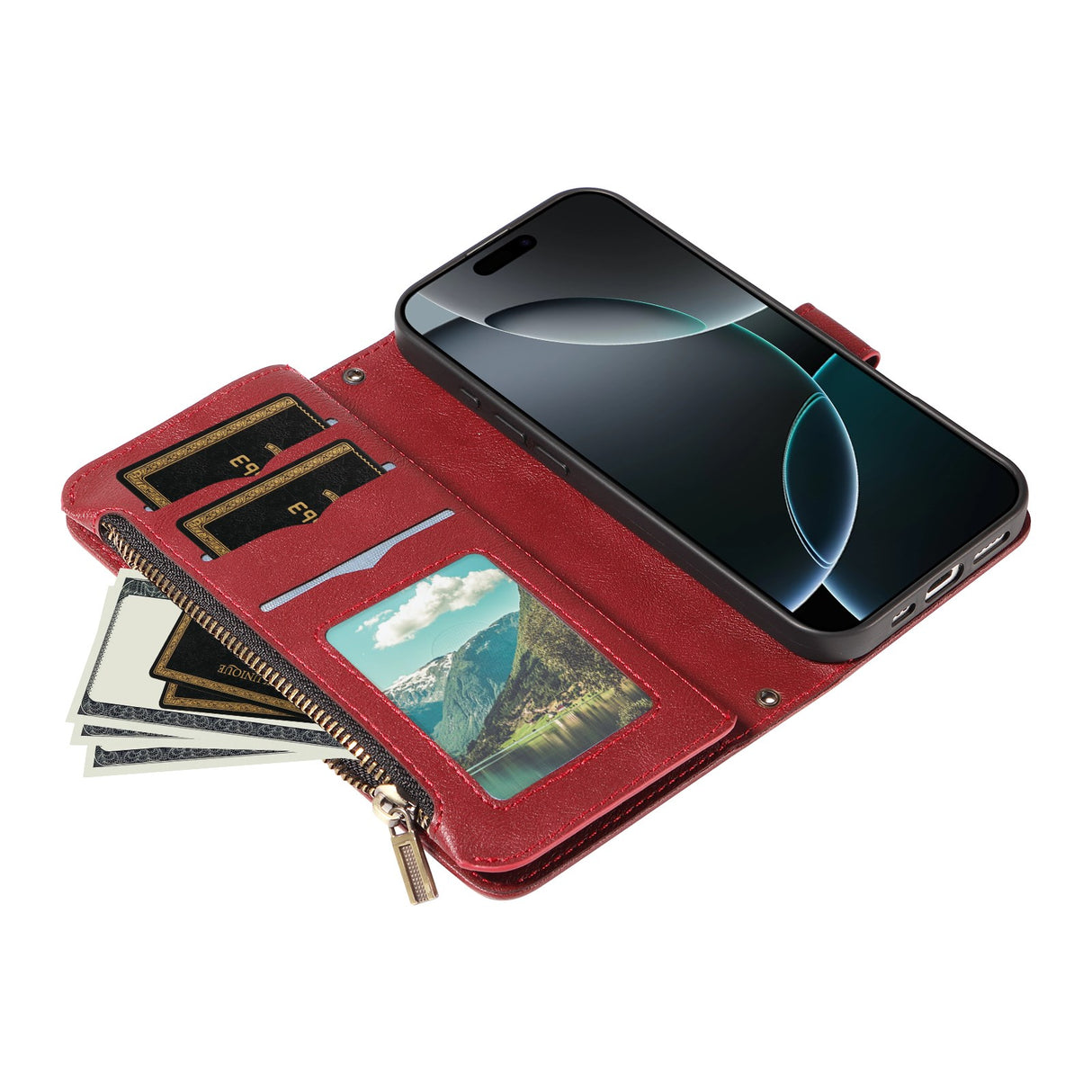iPhone 17 EIDERWOOD Fodral med 9 Korthållare - Blixtlåsficka - RFDI-Blockering - Rem - Rød