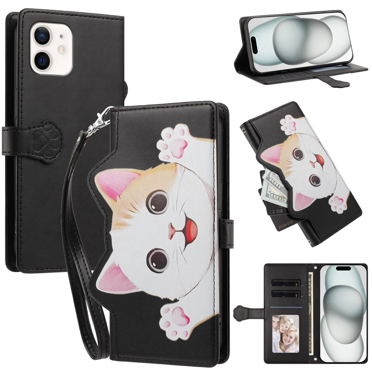iPhone 12 / 12 Pro Fodral med 3D-Kattöron - Korthållare & Stativfunktion - Svart