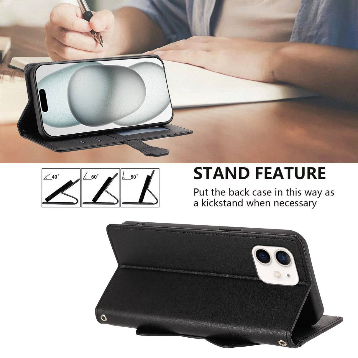 iPhone 12 / 12 Pro Fodral med 3D-Kattöron - Korthållare & Stativfunktion - Svart