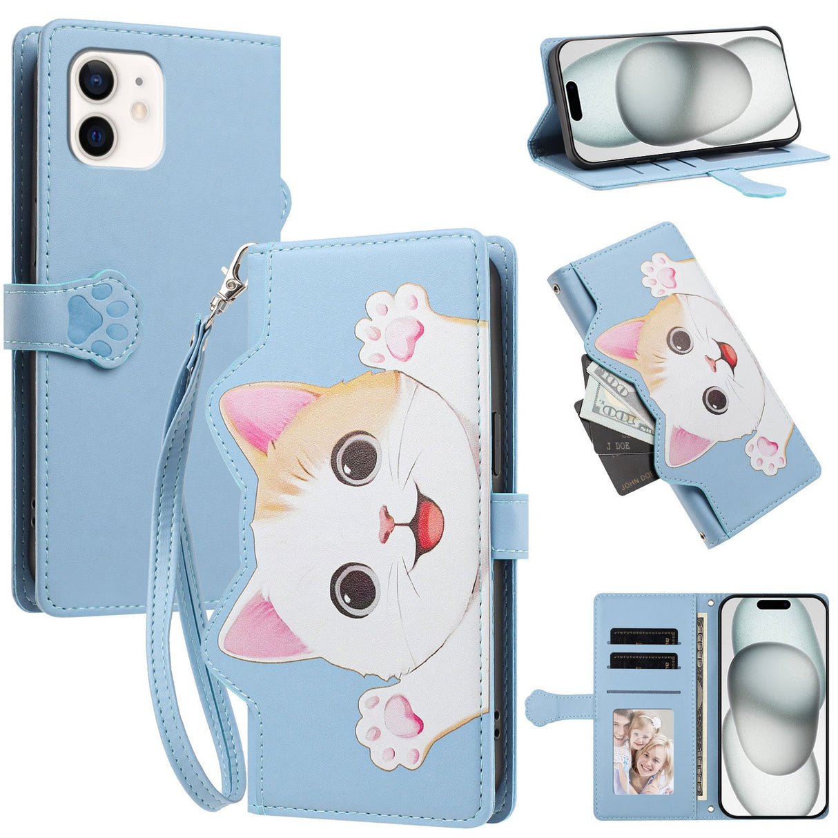 iPhone 12 / 12 Pro Fodral med 3D-Kattöron - Korthållare & Stativfunktion - Blå