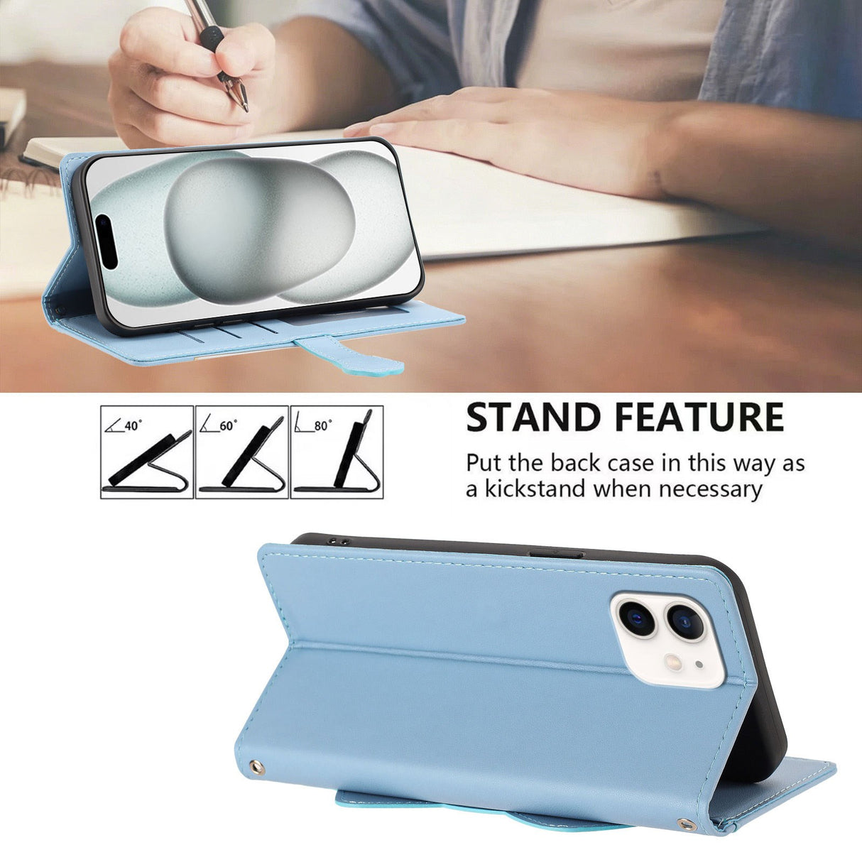 iPhone 12 / 12 Pro Fodral med 3D-Kattöron - Korthållare & Stativfunktion - Blå