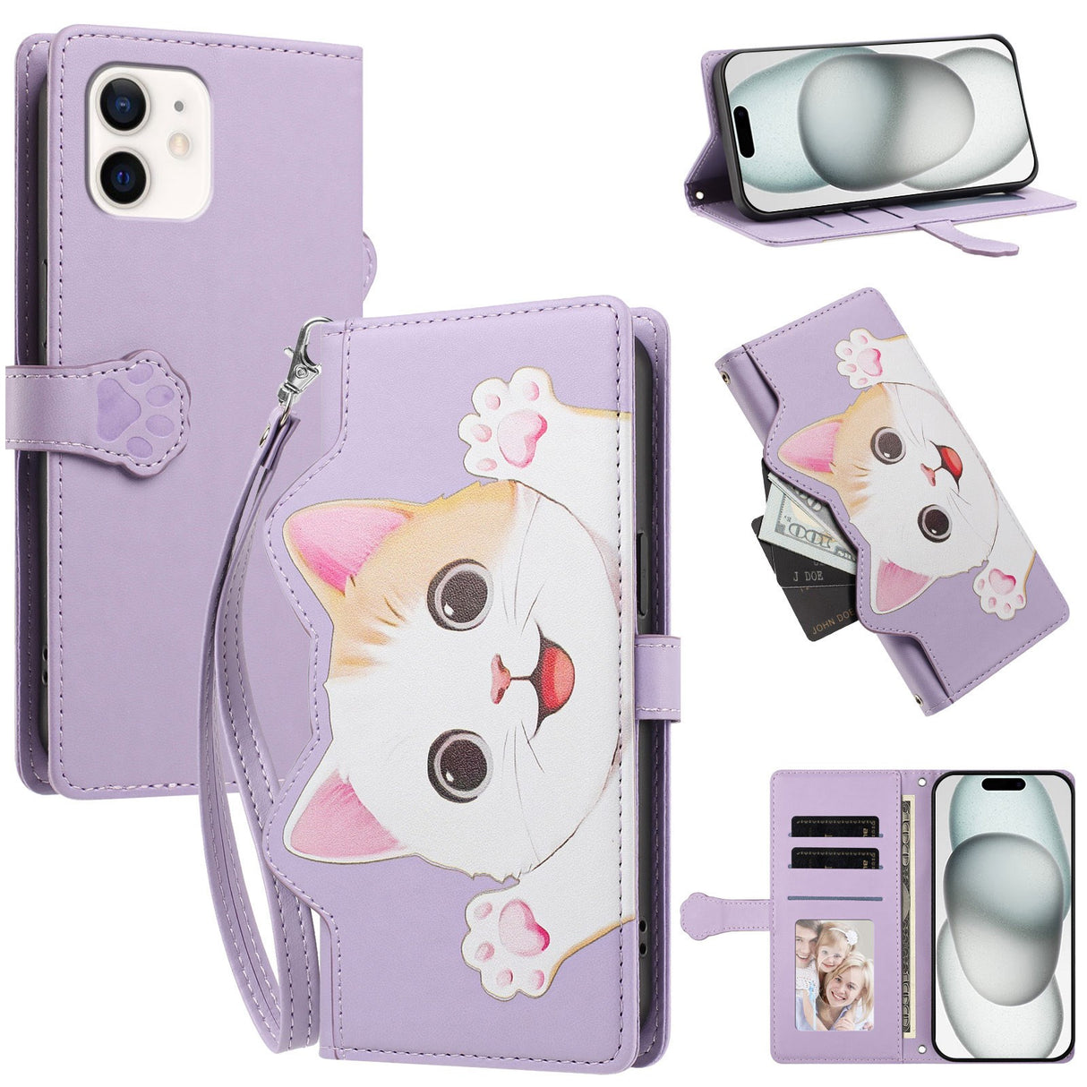iPhone 12 / 12 Pro Fodral med 3D-Kattöron - Korthållare & Stativfunktion - Lila