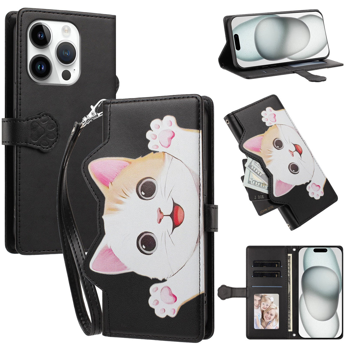 iPhone 16 Pro Fodral med 3D-Kattöron - Korthållare & Stativfunktion - Svart