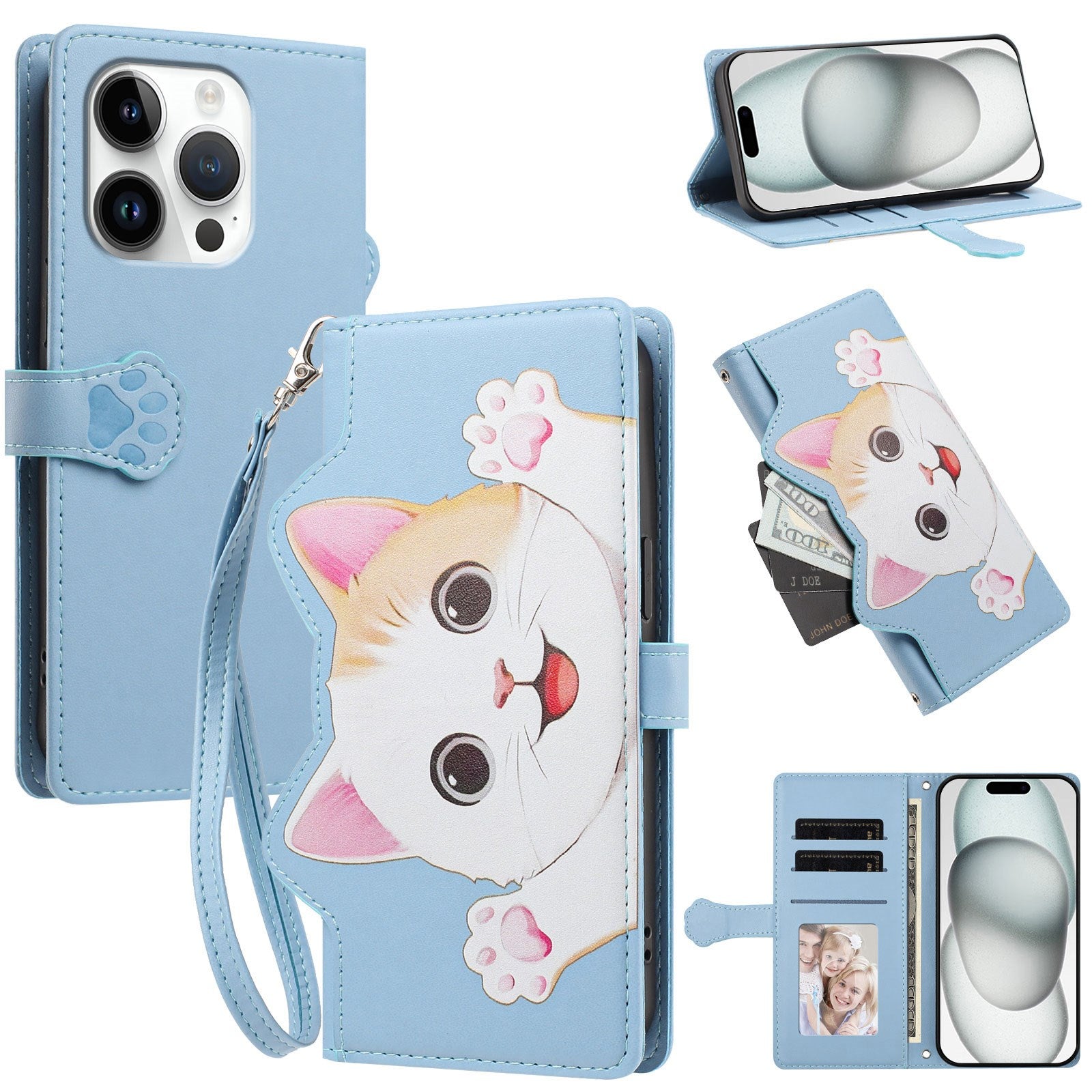 iPhone 16 Pro Fodral med 3D-Kattöron - Korthållare & Stativfunktion - Blå
