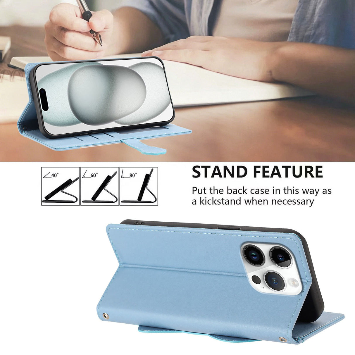 iPhone 16 Pro Fodral med 3D-Kattöron - Korthållare & Stativfunktion - Blå