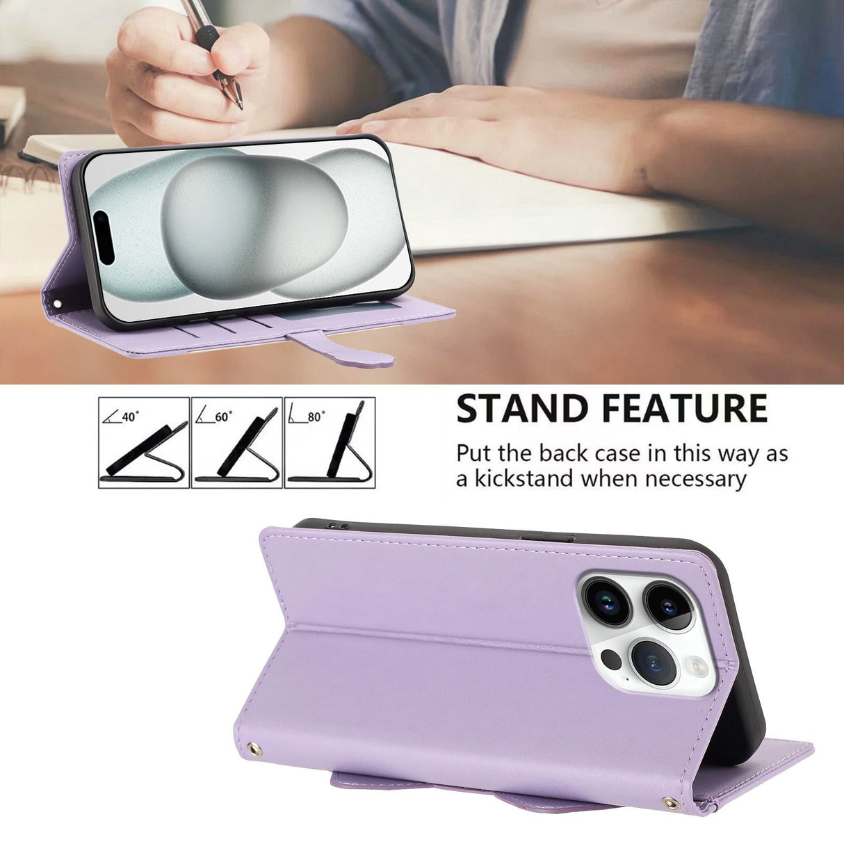 iPhone 16 Pro Fodral med 3D-Kattöron - Korthållare & Stativfunktion - Lila