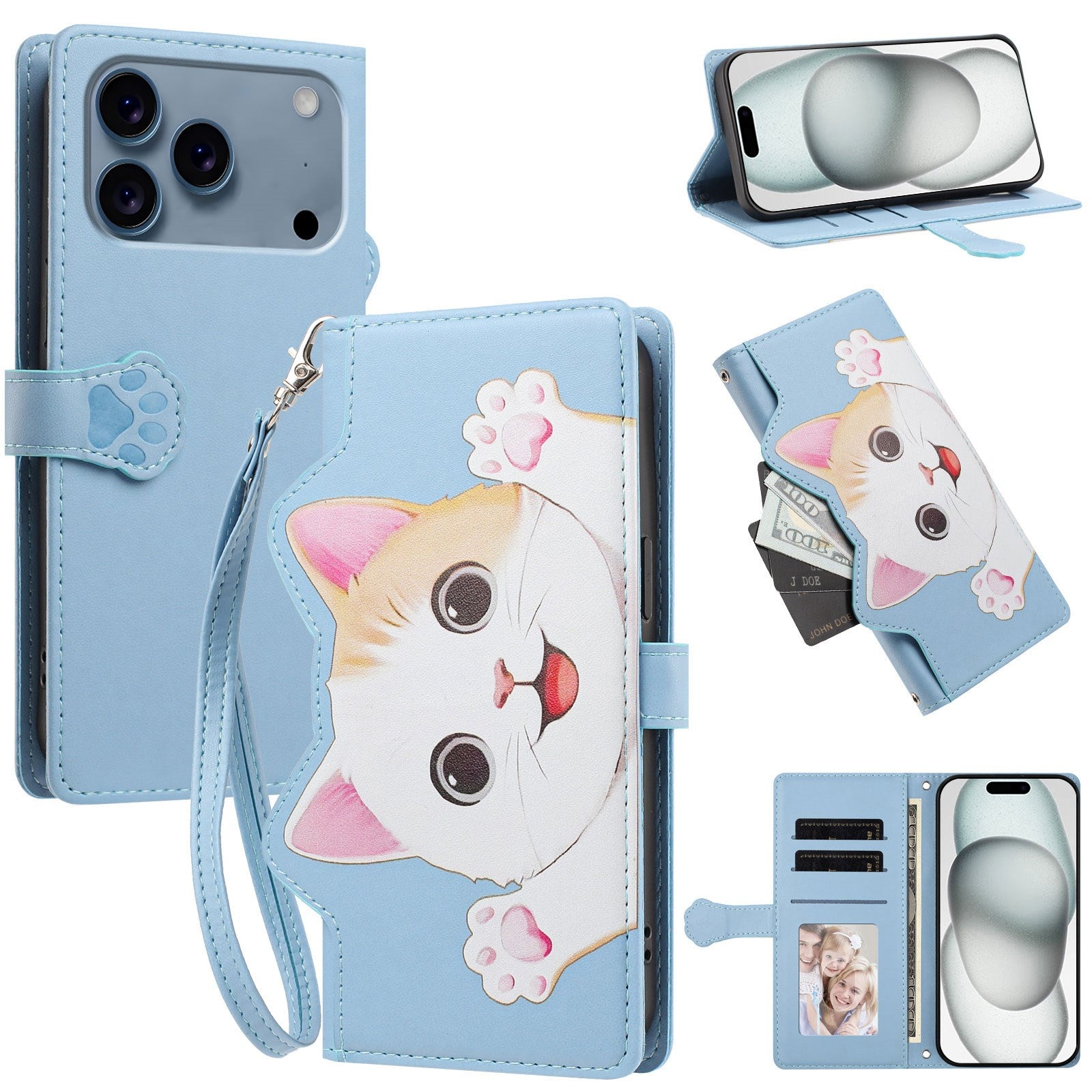 iPhone 18 Pro / 17 Pro Fodral med 3D-Kattöron - Korthållare & Stativfunktion - Blå