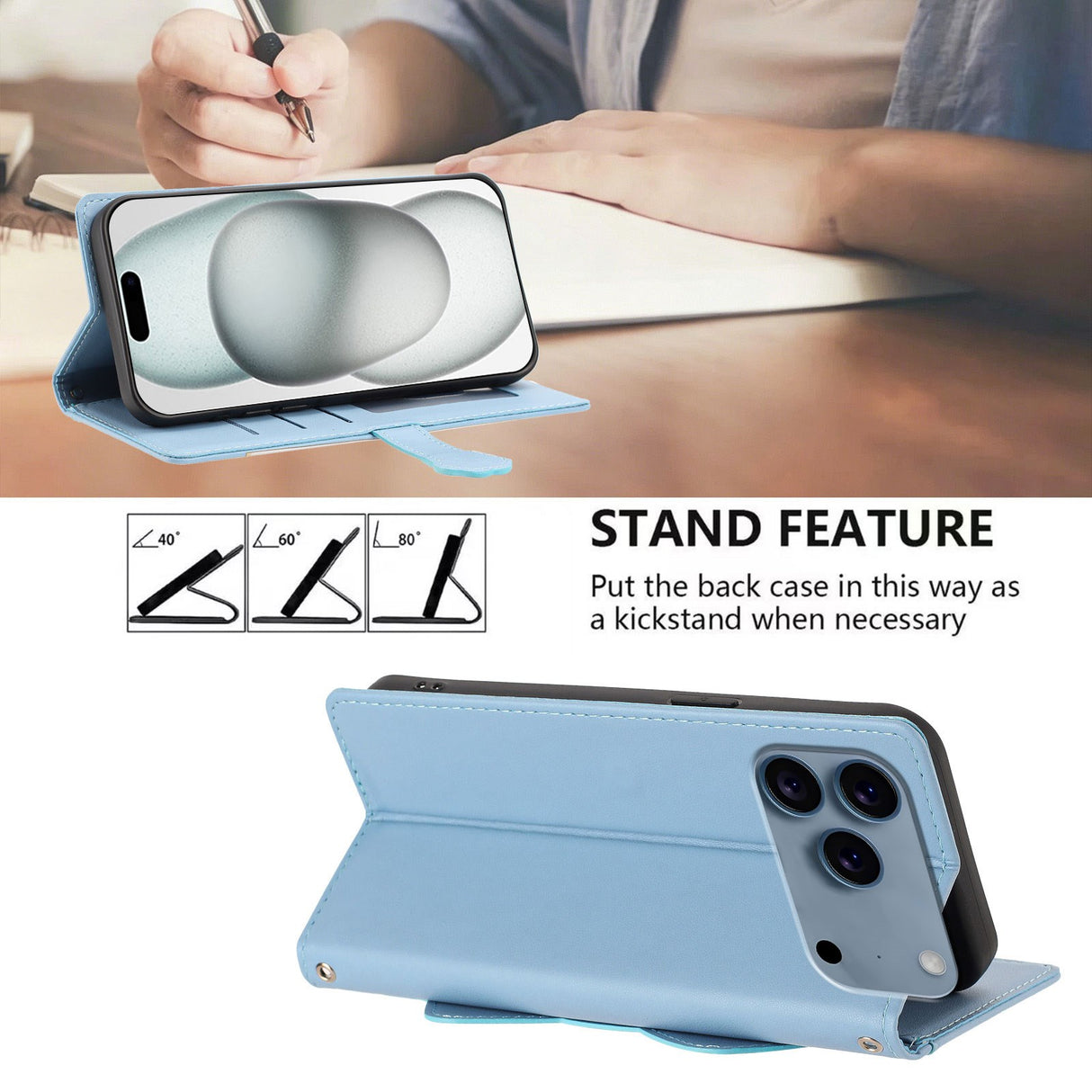 iPhone 18 Pro / 17 Pro Fodral med 3D-Kattöron - Korthållare & Stativfunktion - Blå