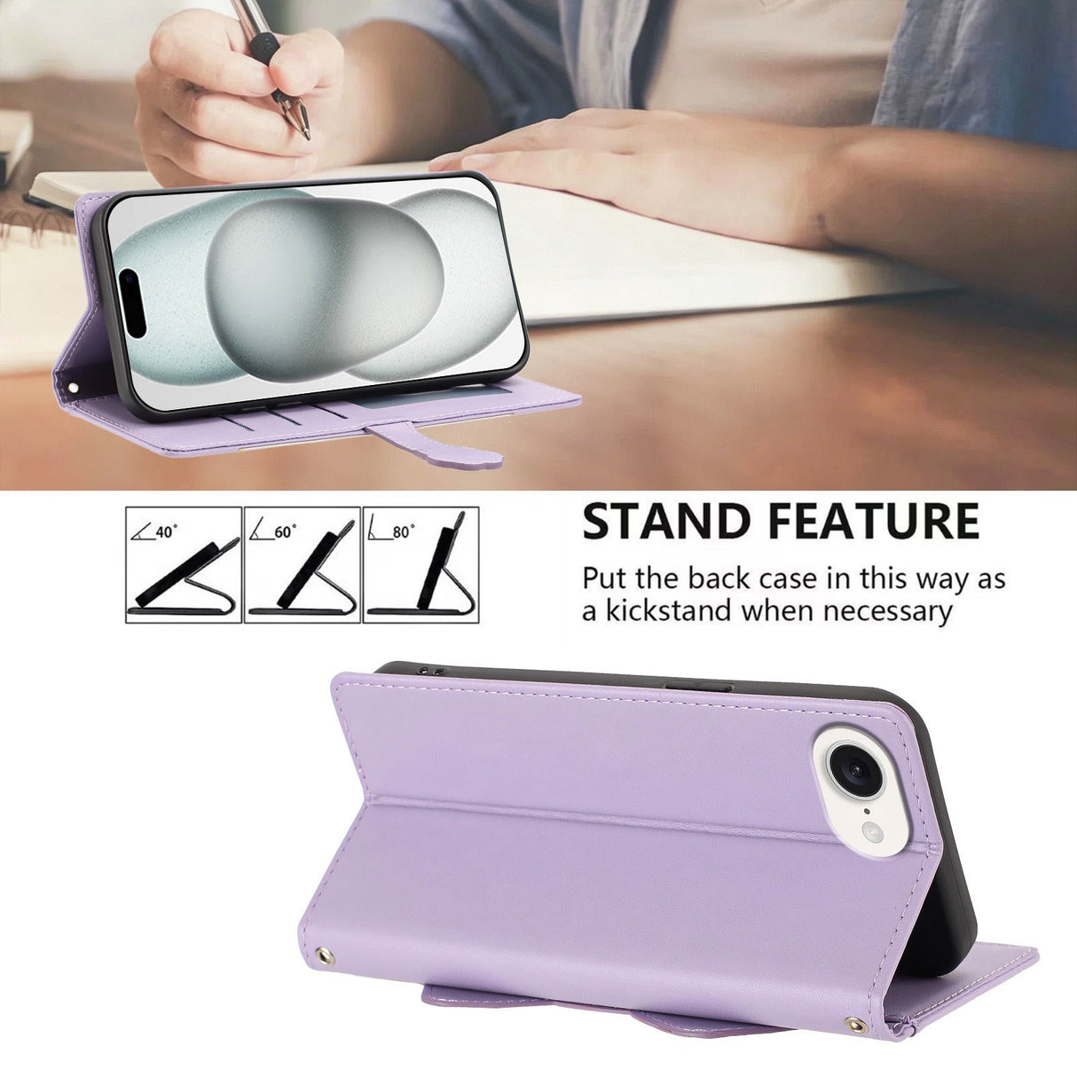 iPhone 17e / 16e Fodral med 3D-Kattöron - Korthållare & Stativfunktion - Lila