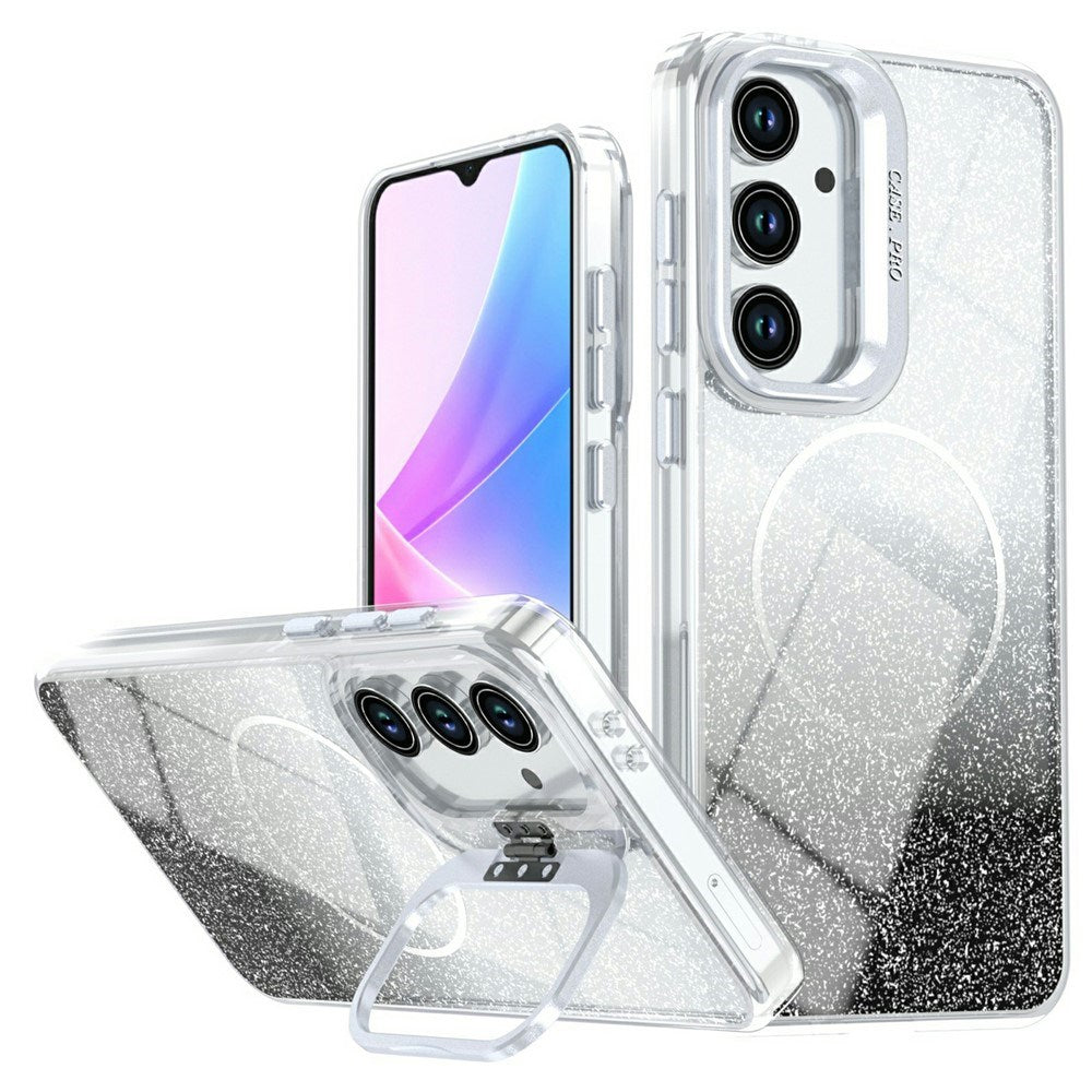 Samsung Galaxy S26 FE EIDERWOOD Hybrid Skal med Glitter & Kamera-Kickstand - Genomskinlig / Svart