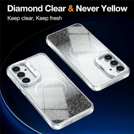 Samsung Galaxy S26 FE EIDERWOOD Hybrid Skal med Glitter & Kamera-Kickstand - Genomskinlig / Svart