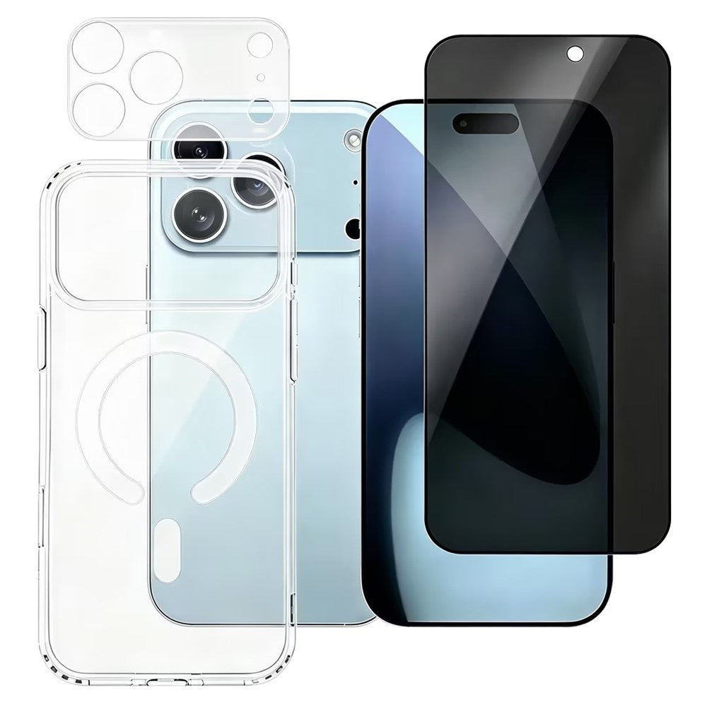 iPhone 18 Pro Max - 360° Skyddsset m. Privacy Skärmskydd | MagSafe Skal | Kameralinsskydd - Genomskinlig / Svart