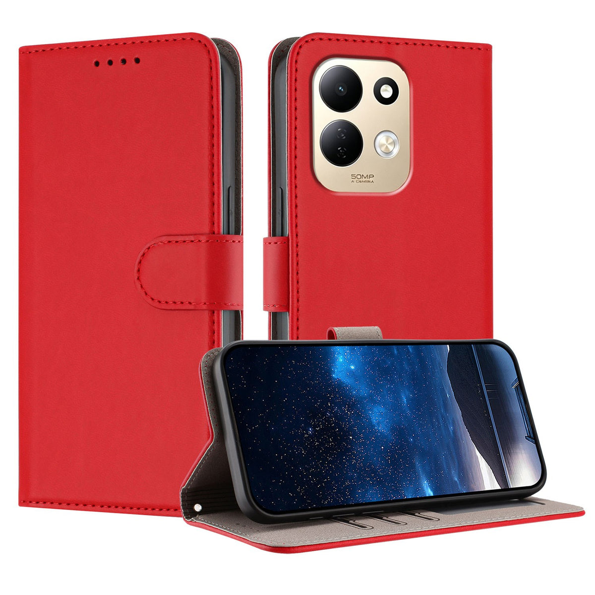 Xiaomi Redmi 17 (5G) / (4G) EIDERWOOD Fodral i Konstläder med Stativfunktion och Korthållare - Röd