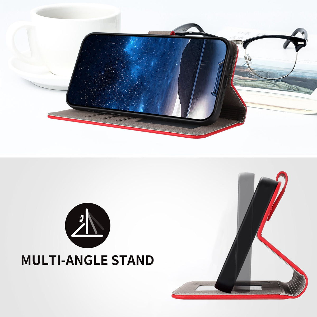 Xiaomi Redmi 17 (5G) / (4G) EIDERWOOD Fodral i Konstläder med Stativfunktion och Korthållare - Röd