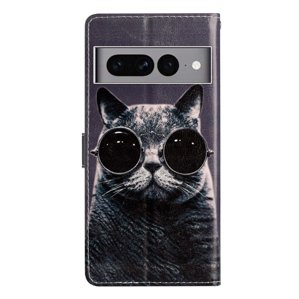 Google Pixel 7 Pro Plånboksfodral Imitationsläder med Rem - Katt med Glasögon