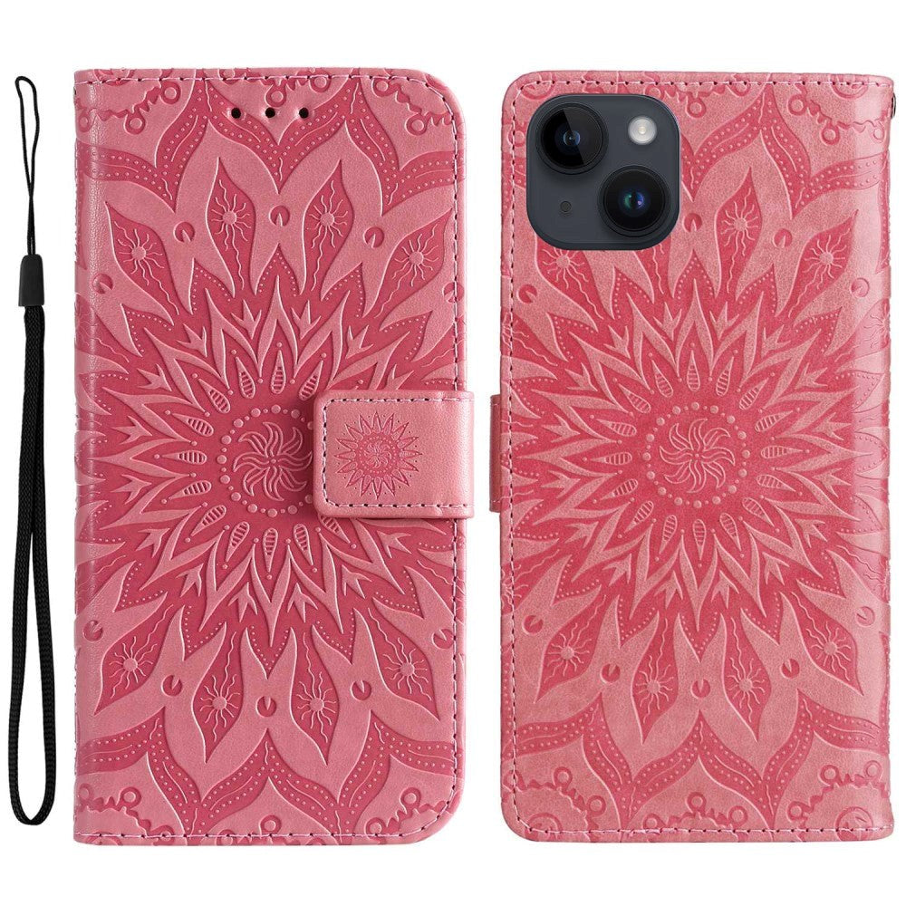 iPhone 15 Läder Plånboksfodral med Rem - Mandala Blomma - Rosa