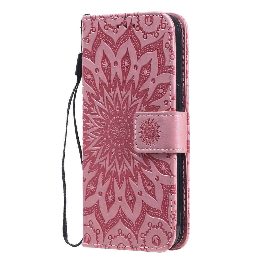 iPhone 15 Läder Plånboksfodral med Rem - Mandala Blomma - Rosa