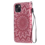 iPhone 15 Läder Plånboksfodral med Rem - Mandala Blomma - Rosa