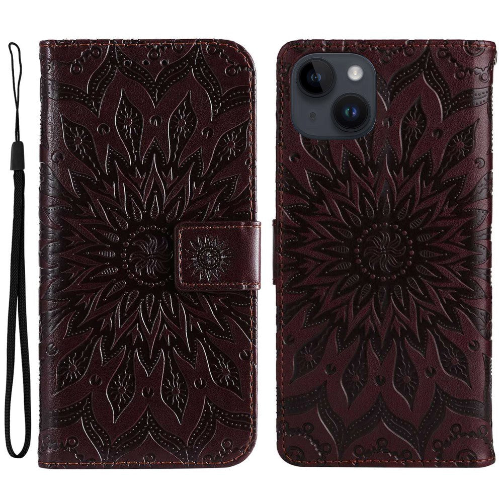 iPhone 15 Läder Plånboksfodral med Rem - Mandala Blomma - Mörkbrun