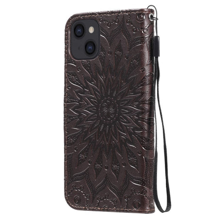 iPhone 15 Läder Plånboksfodral med Rem - Mandala Blomma - Mörkbrun