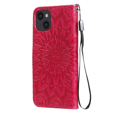 iPhone 15 Läder Plånboksfodral med Rem - Mandala Blomma - Röd