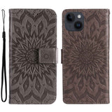 iPhone 15 Läder Plånboksfodral med Rem - Mandala Blomma - Brun