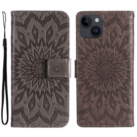 iPhone 15 Läder Plånboksfodral med Rem - Mandala Blomma - Brun