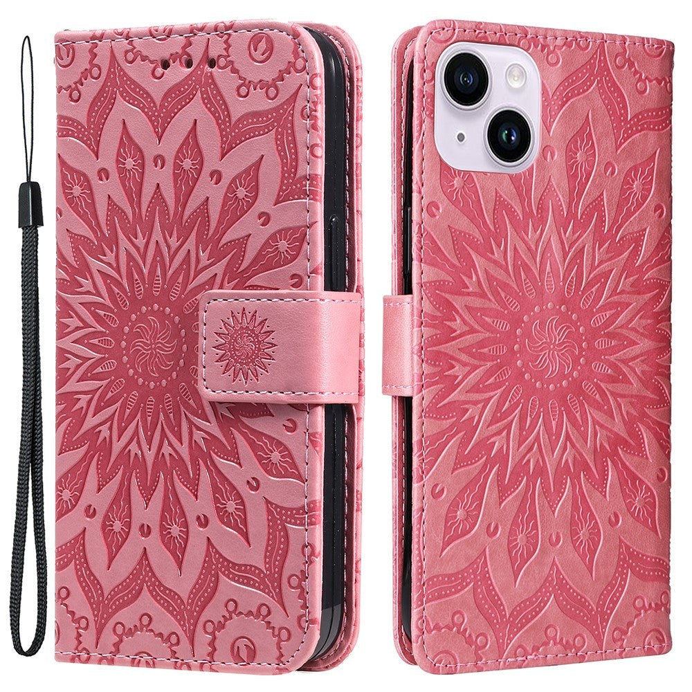 iPhone 15 Plus Läder Plånboksfodral med Rem - Mandala Blomma - Rosa