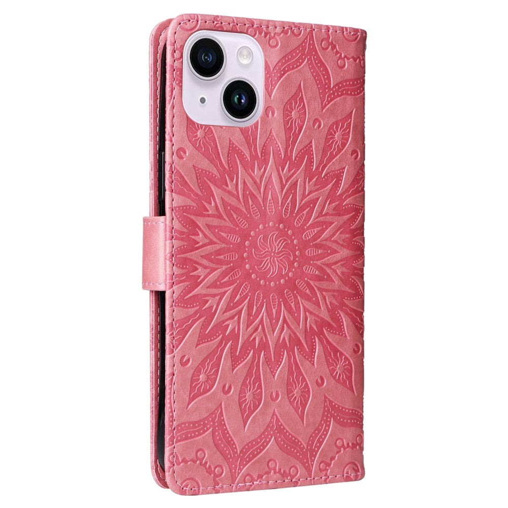 iPhone 15 Plus Läder Plånboksfodral med Rem - Mandala Blomma - Rosa