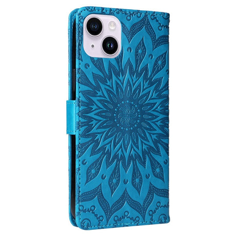 iPhone 15 Läder Plånboksfodral med Rem - Mandala Blomma - Blå