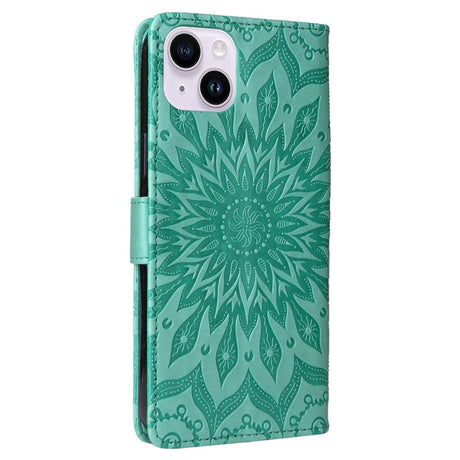 iPhone 15 Läder Plånboksfodral med Rem - Mandala Blomma - Grön