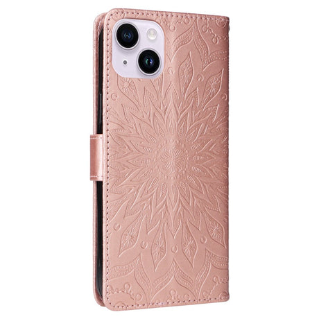 iPhone 15 Läder Plånboksfodral med Rem - Mandala Blomma - Rött Guld