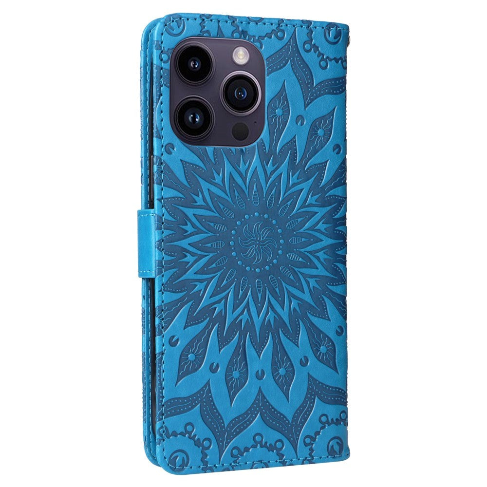 iPhone 15 Pro Max Läder Plånboksfodral med Rem - Mandala Blomma - Blå