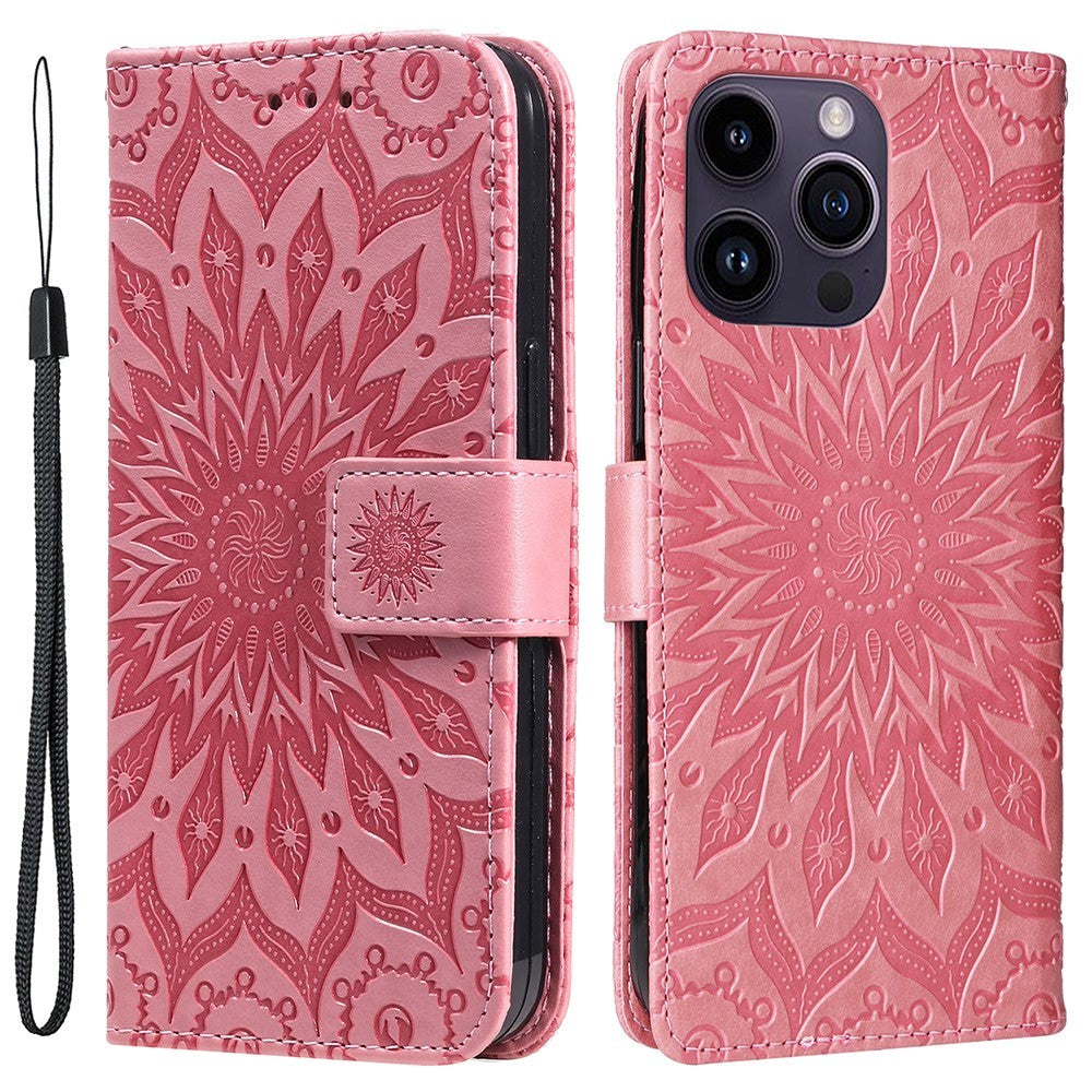 iPhone 15 Pro Max Läder Plånboksfodral med Rem - Mandala Blomma - Rosa