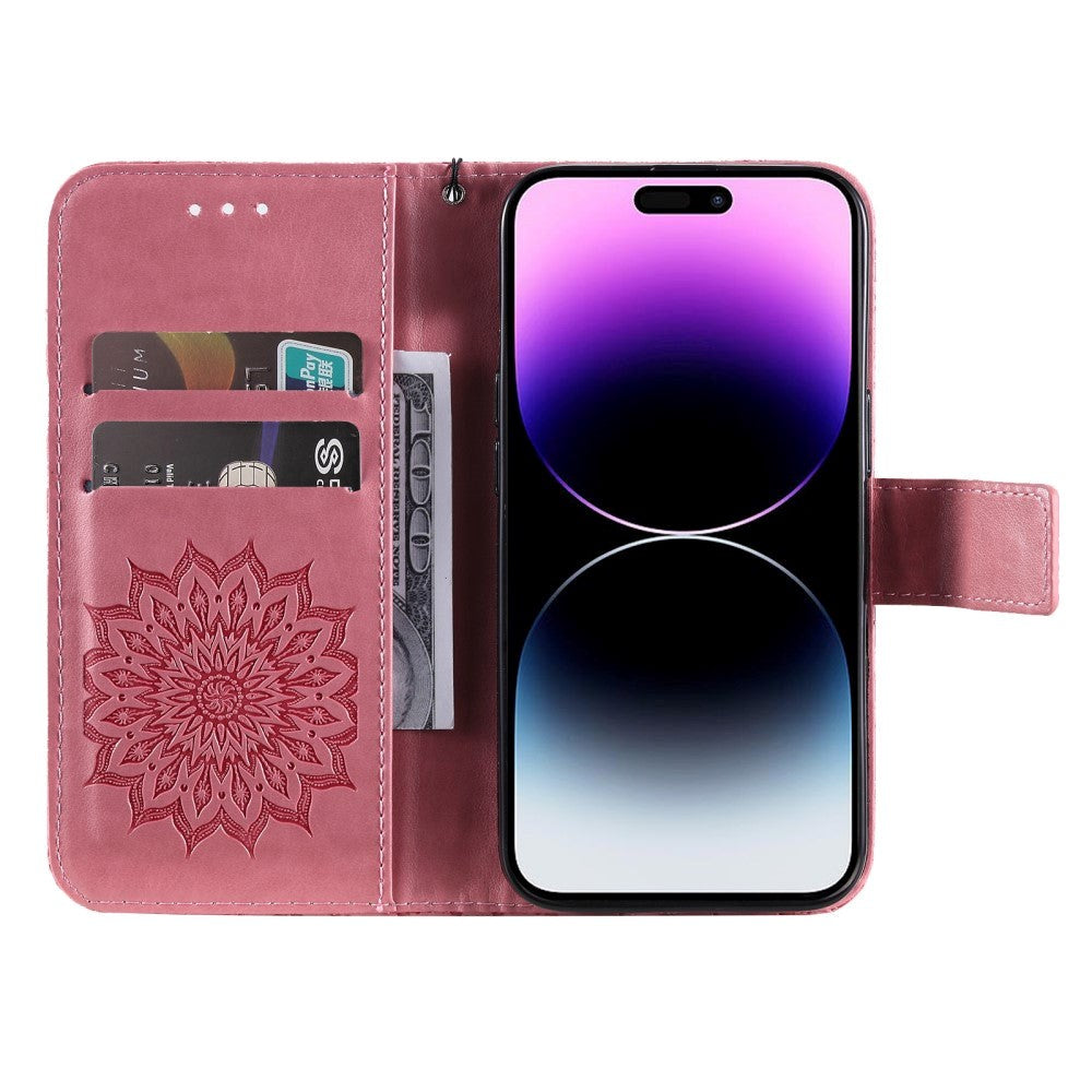 iPhone 15 Pro Max Läder Plånboksfodral med Rem - Mandala Blomma - Rosa