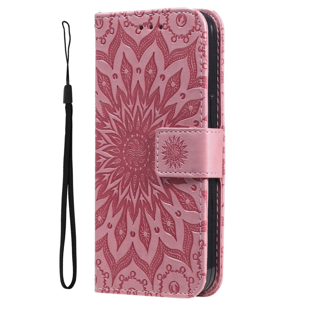 iPhone 15 Pro Max Läder Plånboksfodral med Rem - Mandala Blomma - Rosa