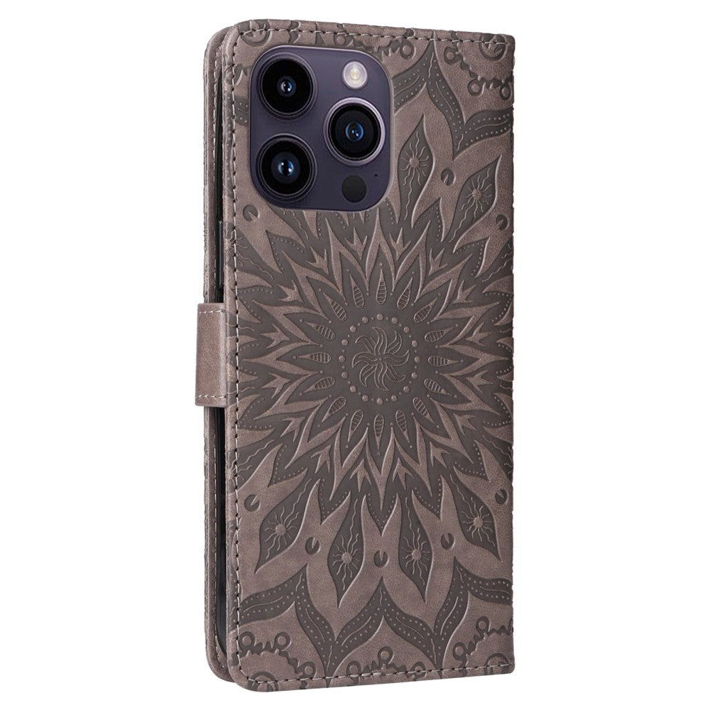 iPhone 15 Pro Max Läder Plånboksfodral med Rem - Mandala Blomma - Grå