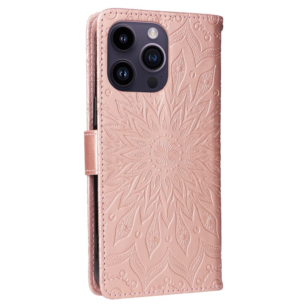 iPhone 15 Pro Max Läder Plånboksfodral med Rem - Mandala Blomma - Rött Guld