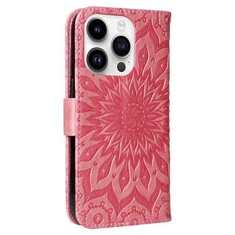 iPhone 15 Pro Läder Plånboksfodral med Rem - Mandala Blomma - Rosa