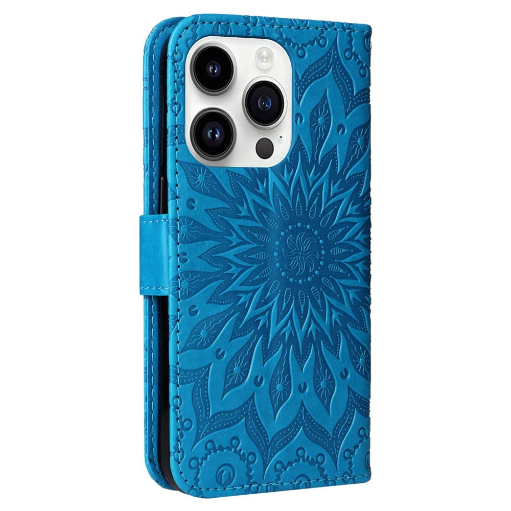 iPhone 15 Pro Läder Plånboksfodral med Rem - Mandala Blomma - Blå