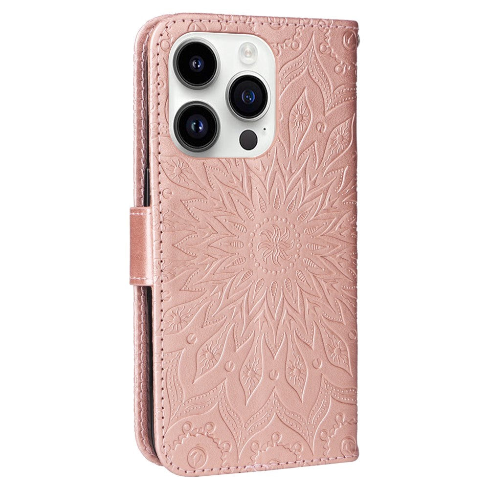 iPhone 15 Pro Läder Plånboksfodral med Rem - Mandala Blomma - Rött Guld