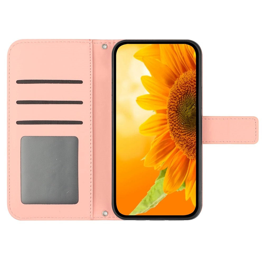 iPhone 15 Pro Plånboksfodral m. Rem - Ingraverad Solros - Rosa