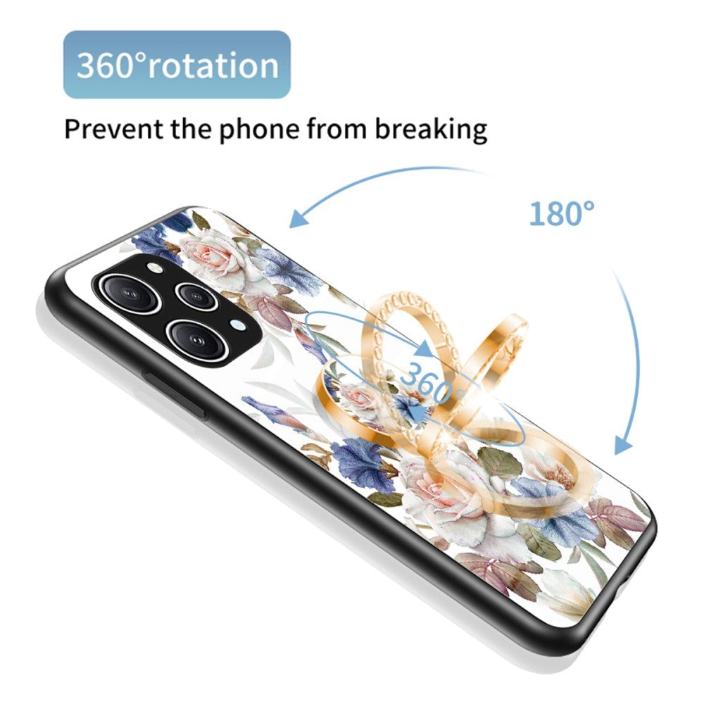 Xiaomi Redmi 12 (4G) Plast Skal w. Glas Baksida & Fingerring - Blommönster - Rosa